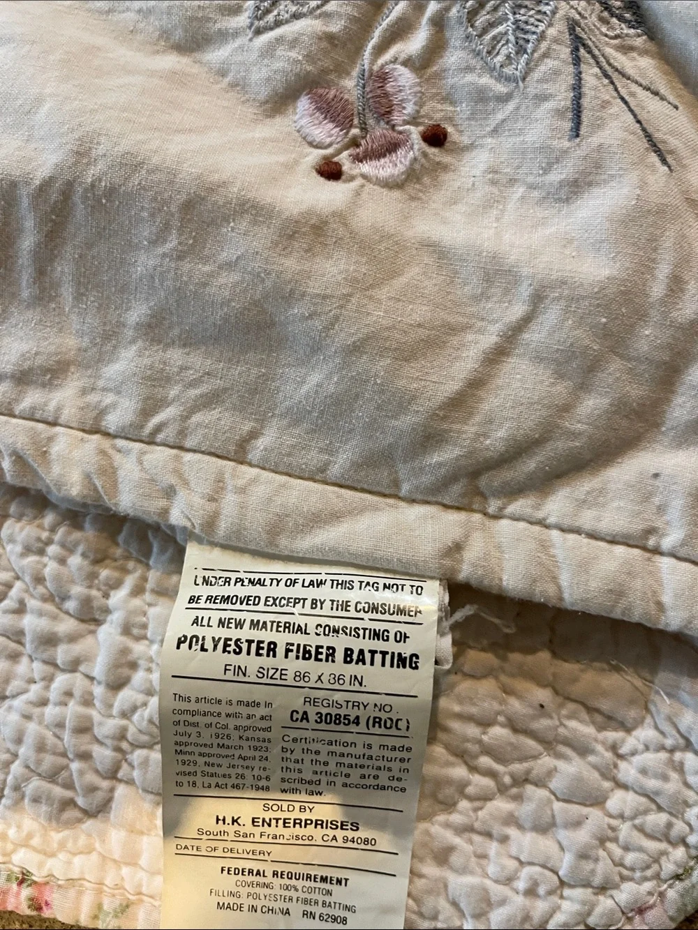 Quilted embroidered floral reversible bedspread cream purple twin throw